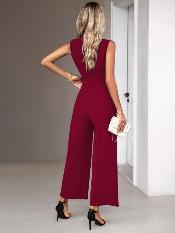 Bohemian Sleeveless Surplice Neck Career Jumpsuit