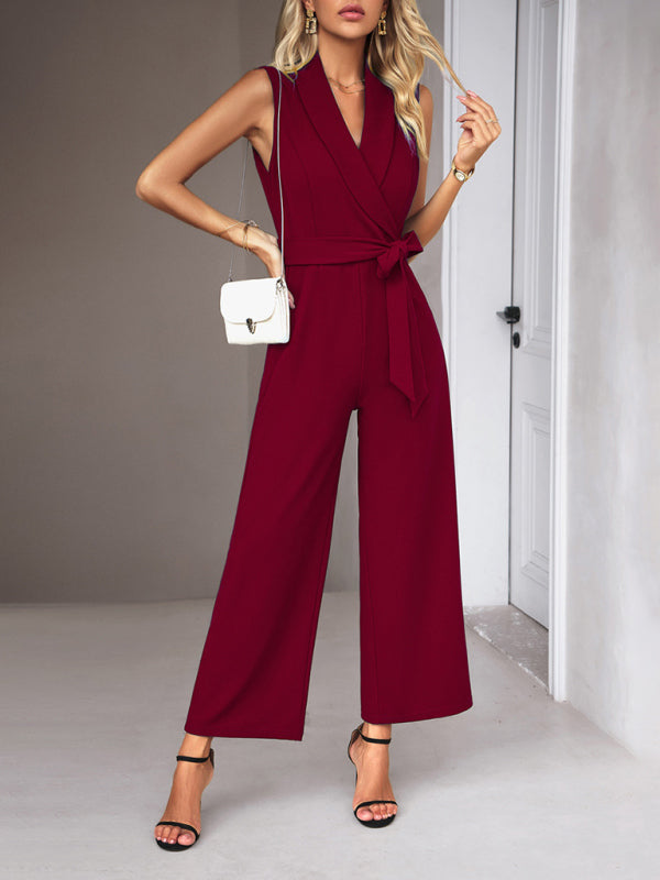 Bohemian Sleeveless Surplice Neck Career Jumpsuit