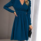 Boho Womens Solid Color V-neck Long Puff Sleeve Dress