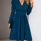 Boho Womens Solid Color V-neck Long Puff Sleeve Dress
