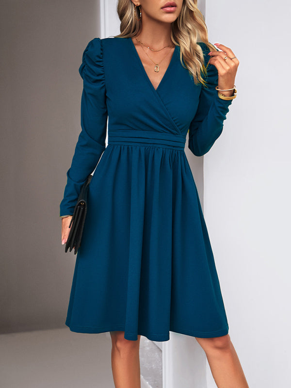 Boho Womens Solid Color V-neck Long Puff Sleeve Dress