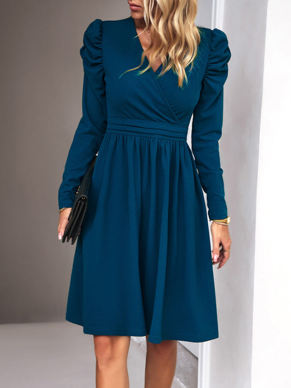 Boho Womens Solid Color V-neck Long Puff Sleeve Dress