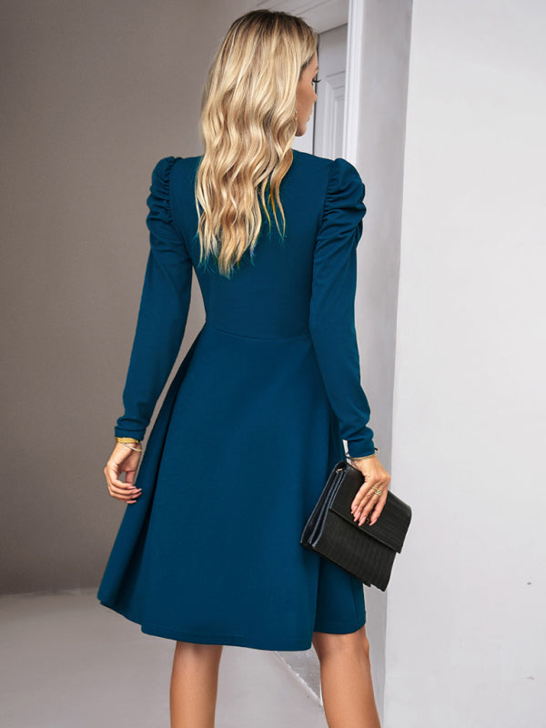 Boho Womens Solid Color V-neck Long Puff Sleeve Dress