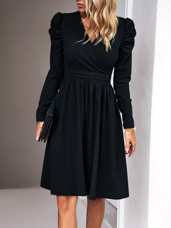 Boho Womens Solid Color V-neck Long Puff Sleeve Dress