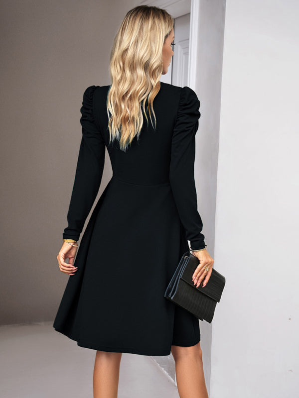 Boho Womens Solid Color V-neck Long Puff Sleeve Dress