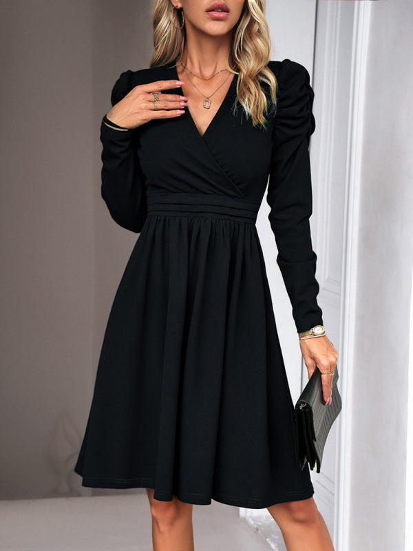 Boho Womens Solid Color V-neck Long Puff Sleeve Dress