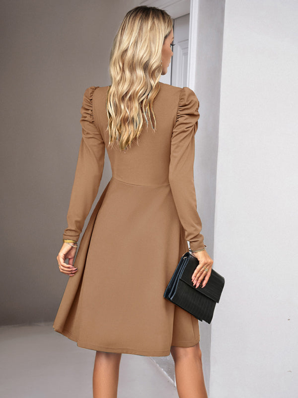 Boho Womens Solid Color V-neck Long Puff Sleeve Dress
