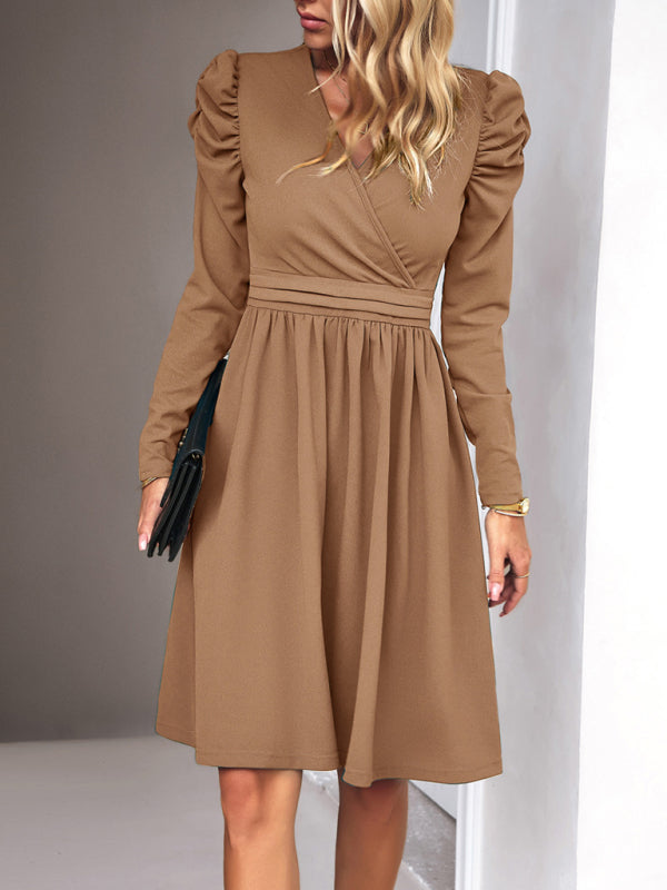Boho Womens Solid Color V-neck Long Puff Sleeve Dress