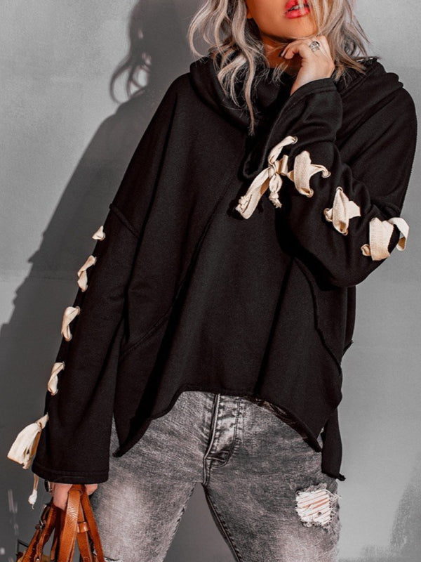 Bohemian Exposed Seam Loose Neck Lace Up Bell Sleeve Pullover