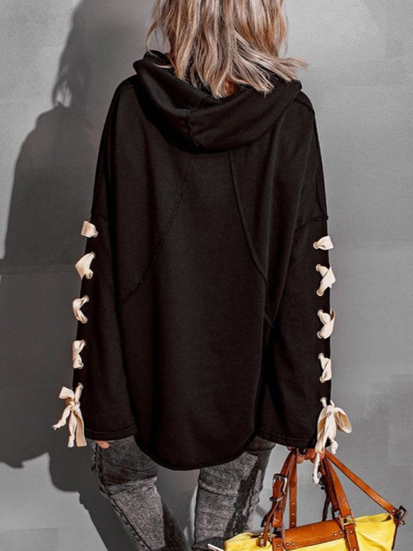 Bohemian Exposed Seam Loose Neck Lace Up Bell Sleeve Pullover