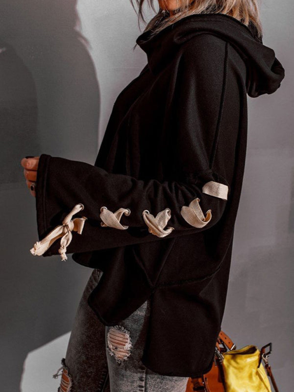 Bohemian Exposed Seam Loose Neck Lace Up Bell Sleeve Pullover