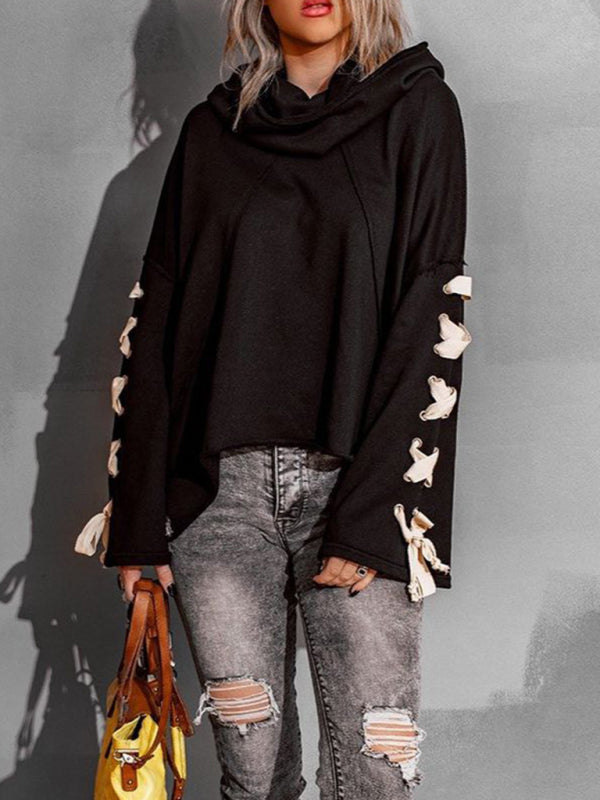 Bohemian Exposed Seam Loose Neck Lace Up Bell Sleeve Pullover