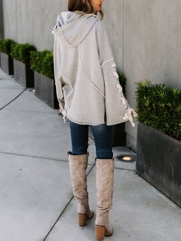 Bohemian Exposed Seam Loose Neck Lace Up Bell Sleeve Pullover