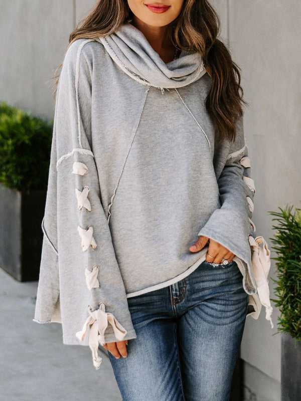 Bohemian Exposed Seam Loose Neck Lace Up Bell Sleeve Pullover
