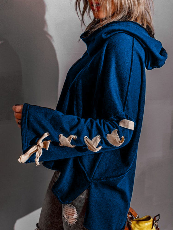Bohemian Exposed Seam Loose Neck Lace Up Bell Sleeve Pullover
