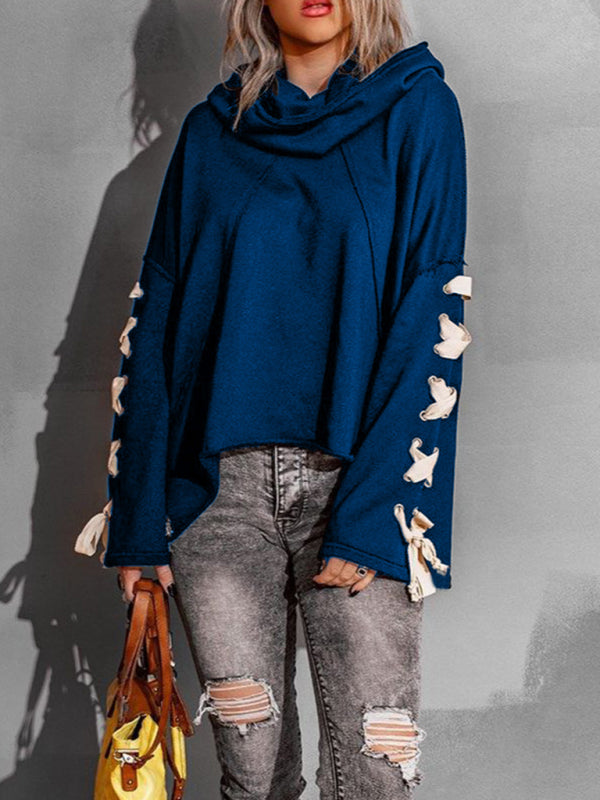 Bohemian Exposed Seam Loose Neck Lace Up Bell Sleeve Pullover