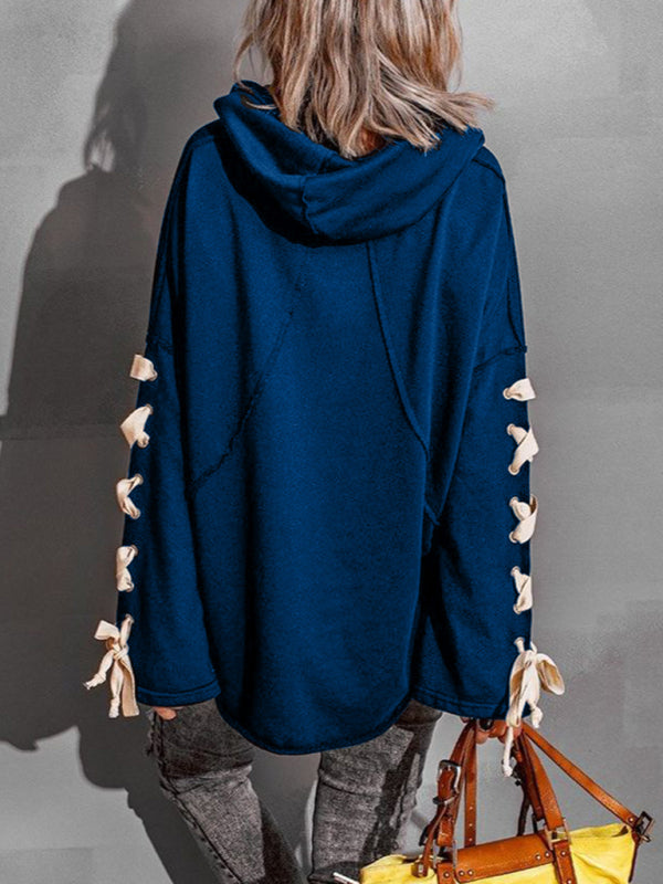 Bohemian Exposed Seam Loose Neck Lace Up Bell Sleeve Pullover