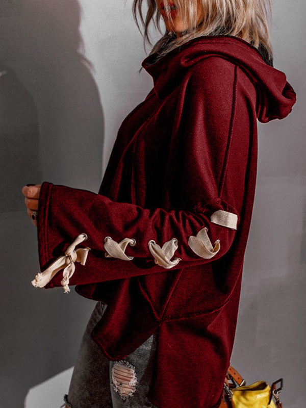 Bohemian Exposed Seam Loose Neck Lace Up Bell Sleeve Pullover
