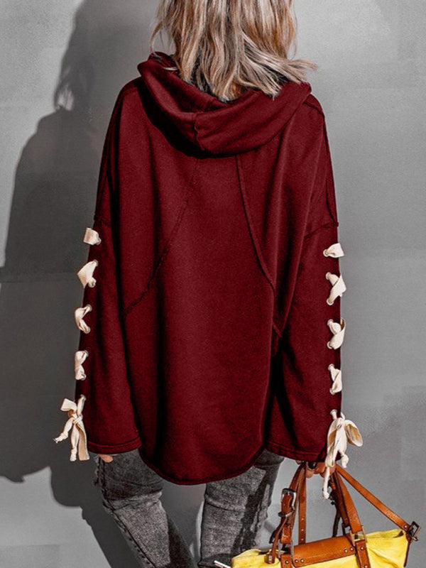 Bohemian Exposed Seam Loose Neck Lace Up Bell Sleeve Pullover
