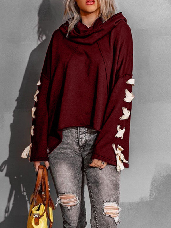 Bohemian Exposed Seam Loose Neck Lace Up Bell Sleeve Pullover