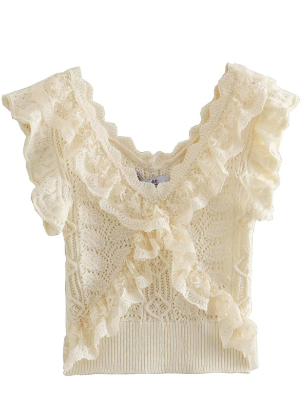 Boho French Romance Ruffle Knit Tank Top