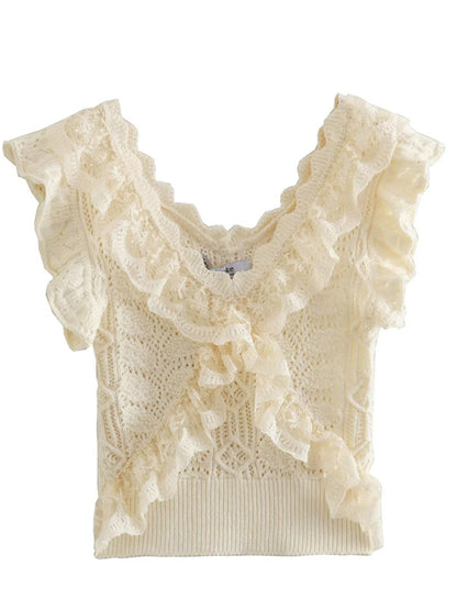 Boho French Romance Ruffle Knit Tank Top