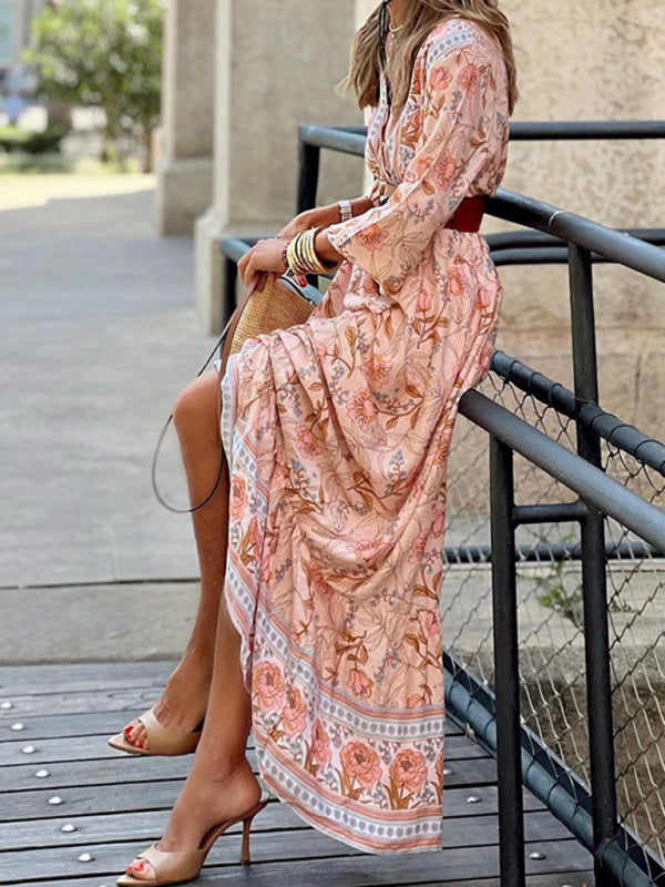 Bohemian Peachy Pink Floral Maxi Empire Waist Dress