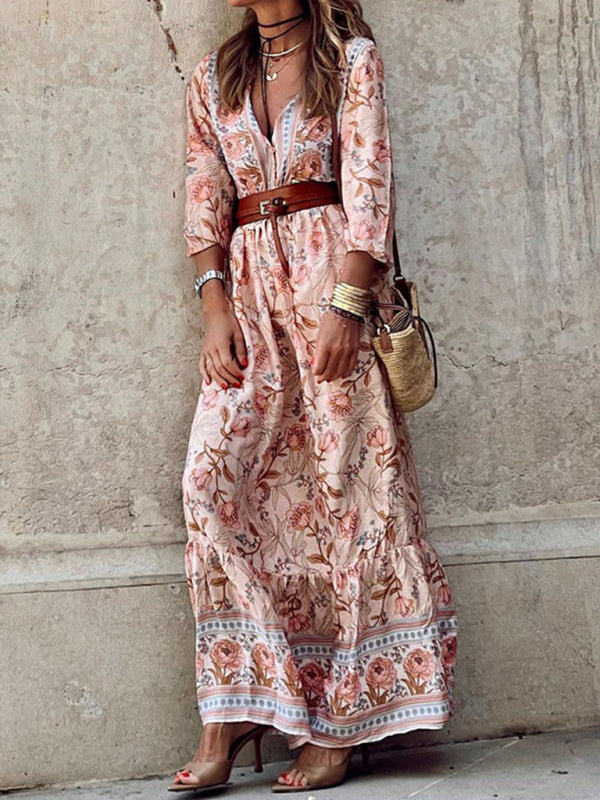 Bohemian Peachy Pink Floral Maxi Empire Waist Dress