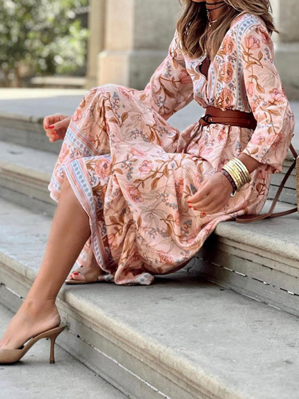 Bohemian Peachy Pink Floral Maxi Empire Waist Dress
