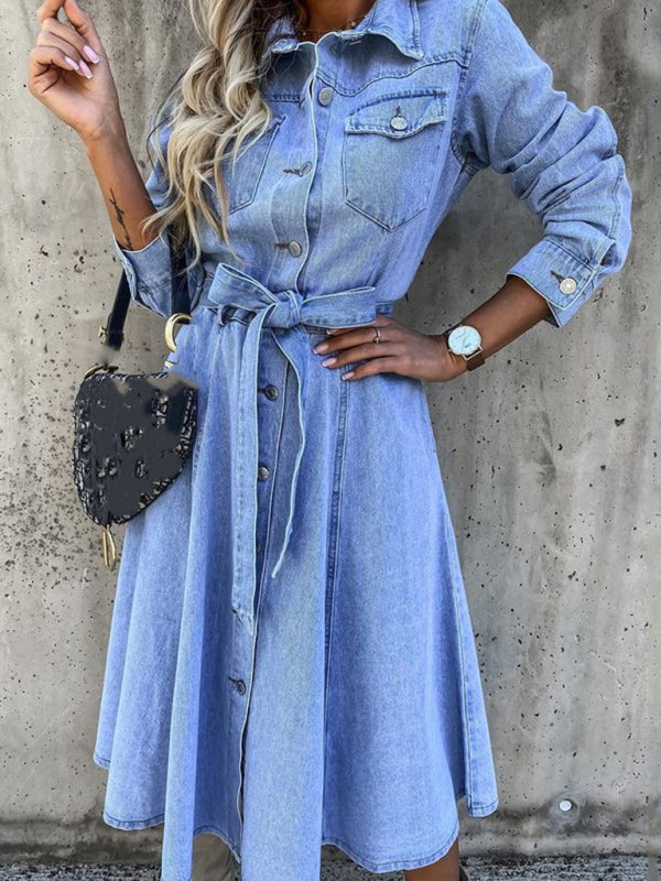 Boho Country Western Denim High Waist Flare Midi Dress