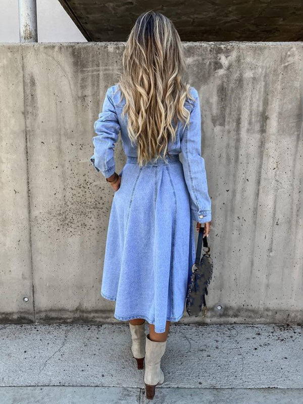 Boho Country Western Denim High Waist Flare Midi Dress