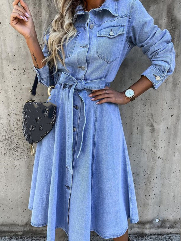 Boho Country Western Denim High Waist Flare Midi Dress