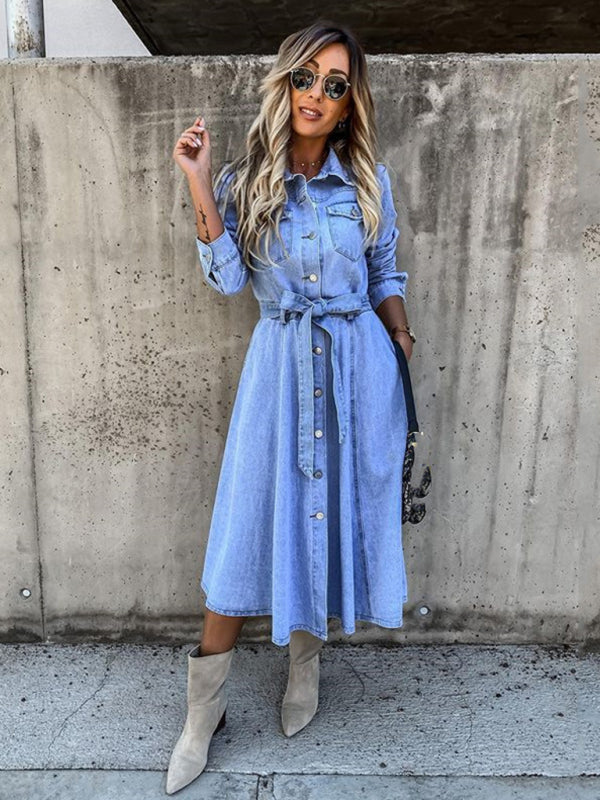 Boho Country Western Denim High Waist Flare Midi Dress