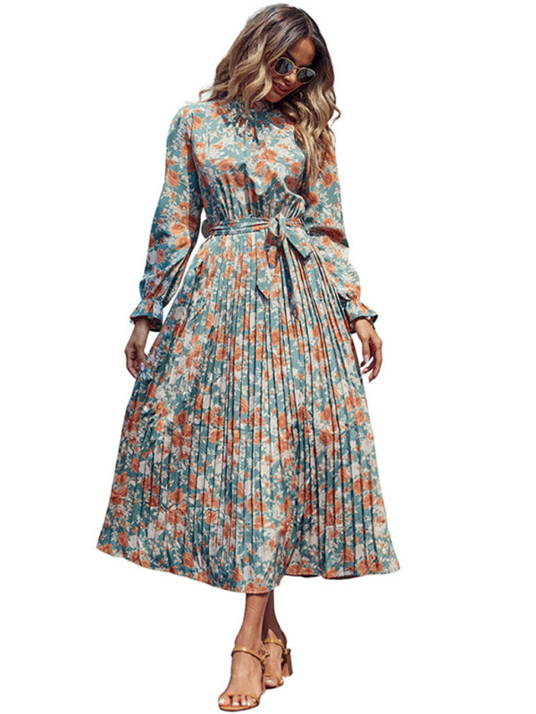 Bohemian Fall Long Sleeve Pleated Floral Women's Long Dress