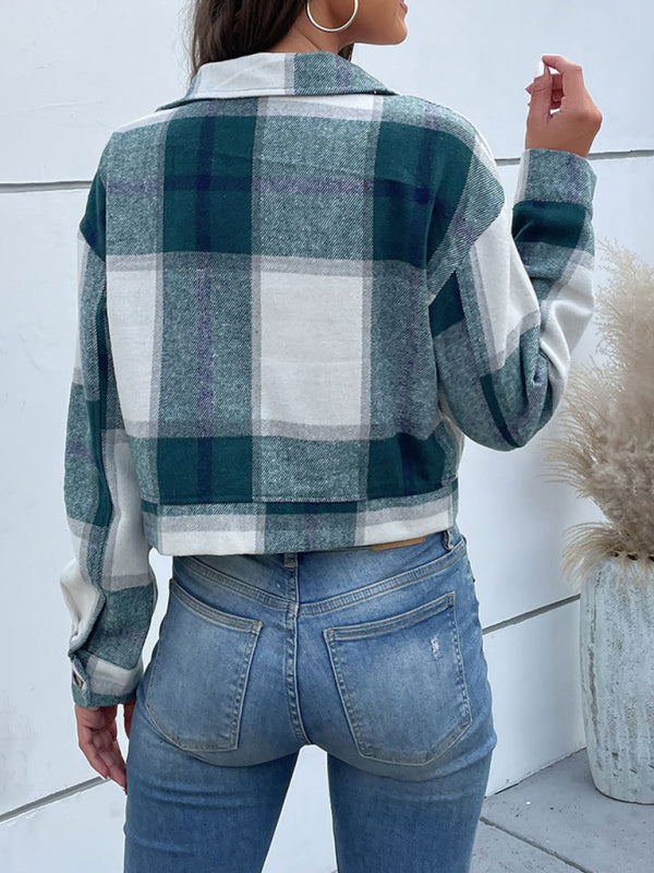 Boho Women's Plaid Pocket Long Sleeved Shirt Jacket