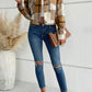 Boho Women's Plaid Pocket Long Sleeved Shirt Jacket