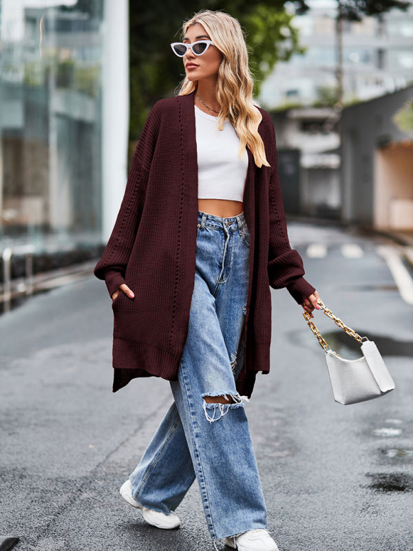 Boho Women's Solid Color Loose Knitted Cardigan Sweater with Pockets