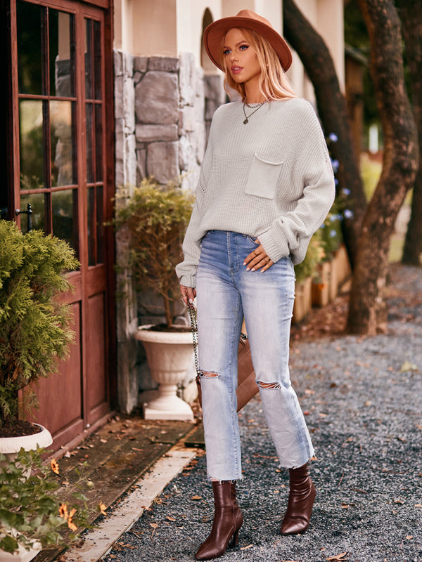 Boho Dolman Sleeve Solid Color Pocket Pullover Sweater