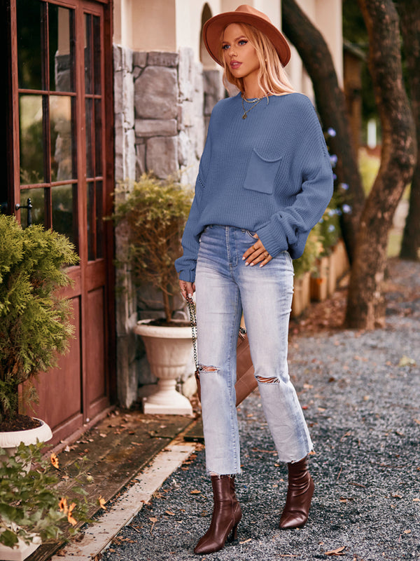 Boho Dolman Sleeve Solid Color Pocket Pullover Sweater