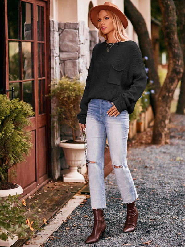 Boho Dolman Sleeve Solid Color Pocket Pullover Sweater