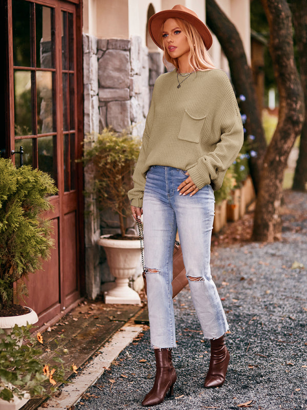 Boho Dolman Sleeve Solid Color Pocket Pullover Sweater