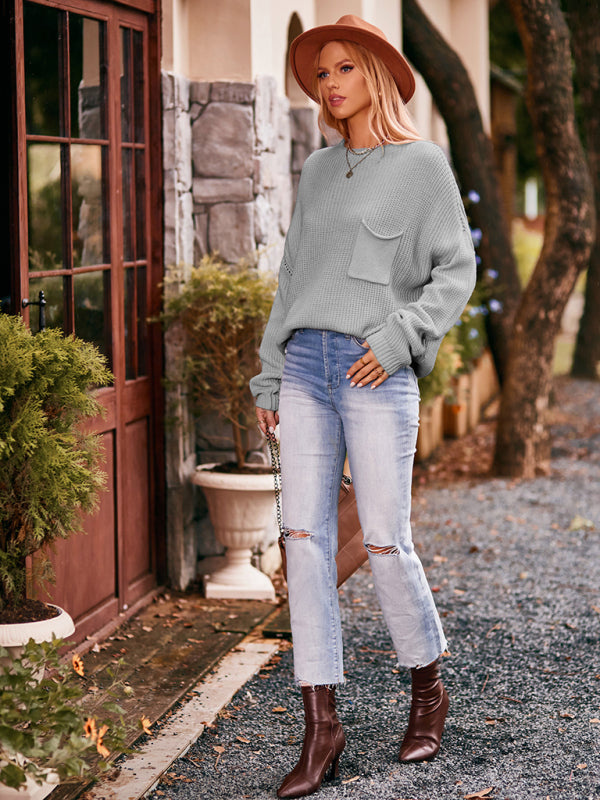 Boho Dolman Sleeve Solid Color Pocket Pullover Sweater