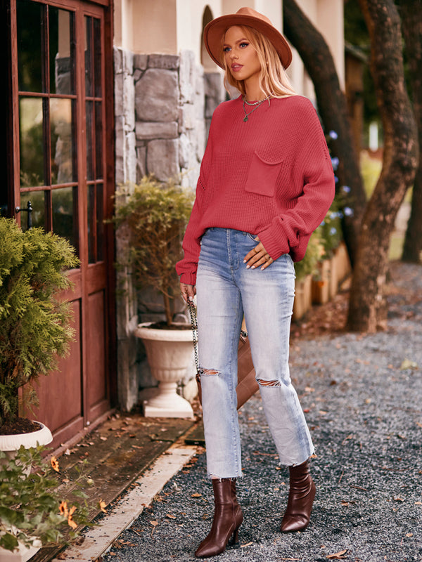 Boho Dolman Sleeve Solid Color Pocket Pullover Sweater