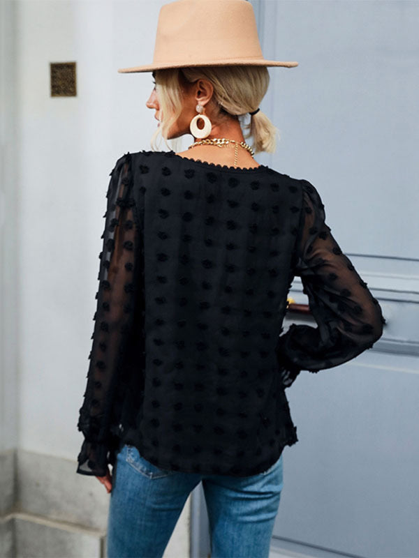 Bohemian Black Swiss Dot V-Neck Long Sleeve Blouse