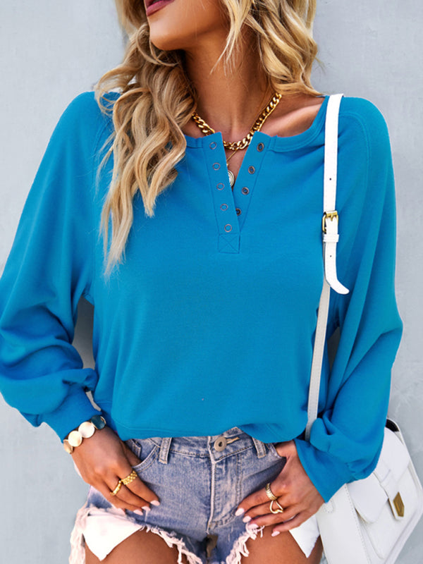 Boho Casual Lantern Sleeve Button Neck Long Sleeve Top