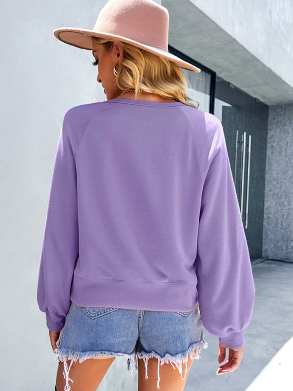 Boho Casual Lantern Sleeve Button Neck Long Sleeve Top