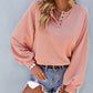 Boho Casual Lantern Sleeve Button Neck Long Sleeve Top