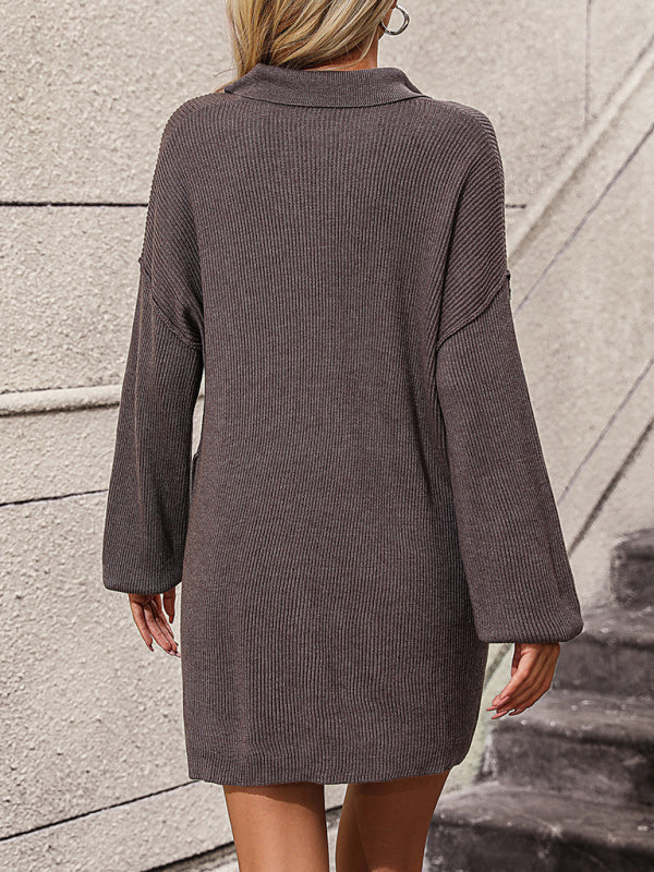 Boho Women's Solid Color Long Sleeve Sweater Dress
