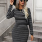 Boho Ribbed Knit Striped Pullover Mini Sweater Dress