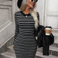 Boho Ribbed Knit Striped Pullover Mini Sweater Dress